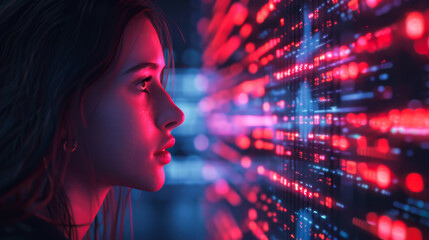 Wall Mural - A woman looks at a computer screen with a face on it. The face is made up of many small dots, giving it a pixelated appearance. Abstract technology background.