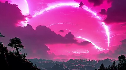 Wall Mural - A pink sky with clouds and a tree in the foreground
