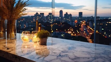 Wall Mural - A city view with a table with candles and a potted plant