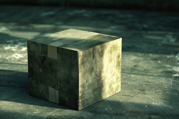 Canvas Print - A single wooden block sits on a gray cement floor, providing a simple and rustic setting