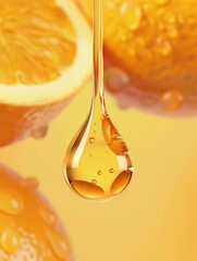 Wall Mural - The image shows a close-up of fresh orange slices with vibrant yellow oil dripping from them, suggesting the juice is being extracted