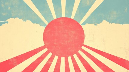 A stylized graphic featuring a large sun with rays extending outward against a pastel background, evoking a retro aesthetic.