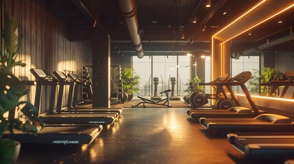 Modern Gym Interior with Sunlight Garden View, Generative AI