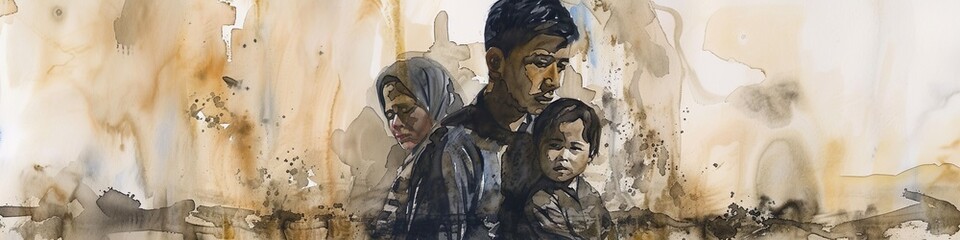 Poster - Refugee family mourns the destruction of their homeland, background banner with copy space for charity, aid, support, watercolor illustration