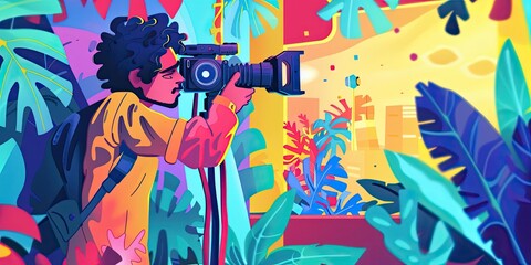 a photographer takes a picture of a tropical scene.