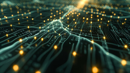 Wall Mural - bright glowing white neurons in lines when analyzing data. binary codes in the shape of a wall, tran