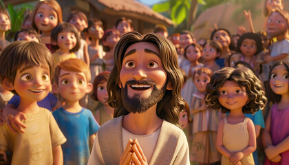 Wall Mural - A cartoon illustration of Jesus smiling and looking at the camera, with many children around him in the background, all with happy faces.