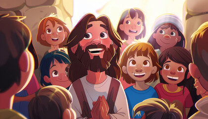 Wall Mural - A cartoon illustration of Jesus smiling and looking at the camera, with many children around him in the background, all with happy faces.