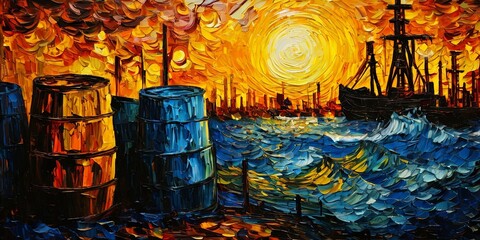 A painting of a sunset with a boat in the water and oil barrels on the shore