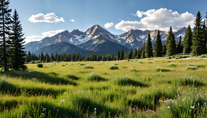 Wall Mural - Vallée verdoyante avec vue sur les montagnes enneigées