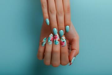 Stunning Floral Nail Art on a Vibrant Blue Background