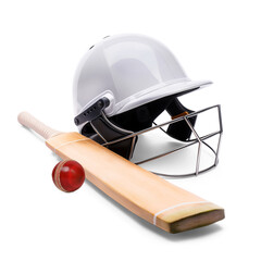 Wall Mural - Cricket gear consisting of cricket helmet, bat and ball on isolated backgroundCricket gear consisting of cricket helmet, bat and ball on isolated background