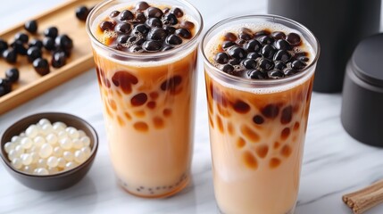 Two cups of Taiwan milk tea with bubbles on a marble table, accompanied by a small dish of tapioca pearls, shot in soft natural light.