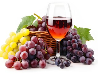 Fresh grapes and a glass of red wine displayed with a basket of yellow grapes and green leaves