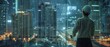 © Tee - Architect or engineer with blueprints observing cityscape from high-rise building at night, showcasing urban development.