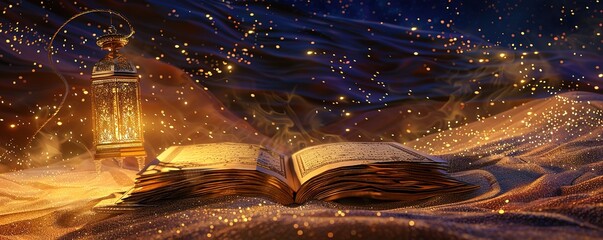 open book with glowing pages and a lantern in a magical night scene with twinkling stars. perfect fo