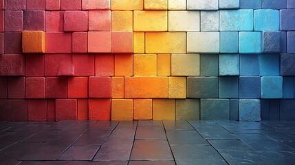 Poster - A colorful wall made of blocks with a black floor