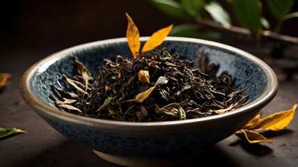 Wall Mural - Exquisite Dried Tea Leaves in Decorative Bowl for Culinary Art