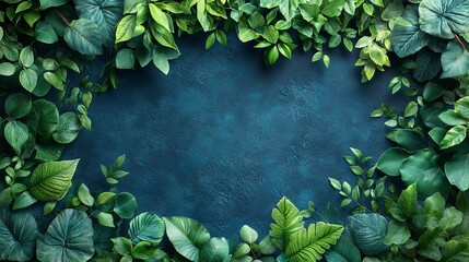 Wall Mural - A blue background with green leaves surrounding it