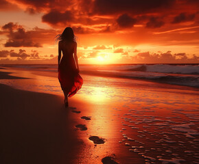 Wall Mural - Frau spaziert bei Sonnenuntergang am Strand entlang