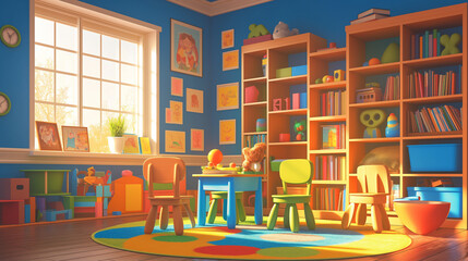  A colorful playroom filled with toys, a small table and chairs, bookshelves, and playful wall art, creating a fun and safe environment for kids