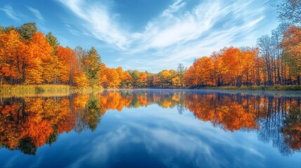 Autumn Forest Reflected in a Still Lake under a Blue Sky