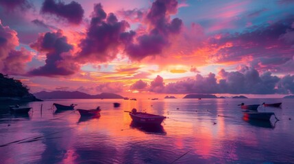 Sticker - A vibrant sunrise over a tranquil bay, with boats gently bobbing in the water and a sky full of color