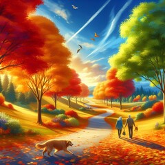 Wall Mural - Landscape with autumn leaves trees.