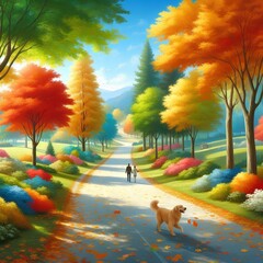 Wall Mural - Landscape with autumn leaves trees.