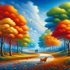 Wall Mural - Landscape with autumn leaves trees.