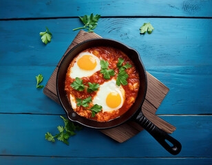 Shakshuka eggs in black pan on wooden cutting board over blue wooden background