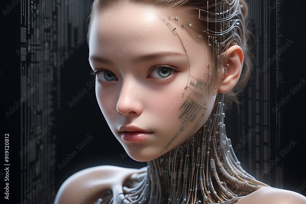 3d rendering of a female cyborg with digital circuit on the face Stock ...