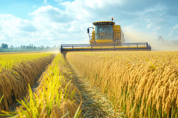 Wall Mural - A modern approach to rice harvesting using a combine harvester in action cutting and harvesting rice on a large plantation, demonstrating efficiency and manufacturability.