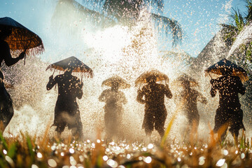 Wall Mural - Joyful, smiling people celebrate World Rice Day, September 20 in Asia, Thailand, China, Indonesia