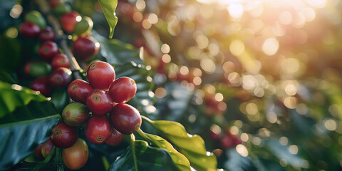 Morning sunrise at a coffee plantation showing the coffee harvest on the trees.