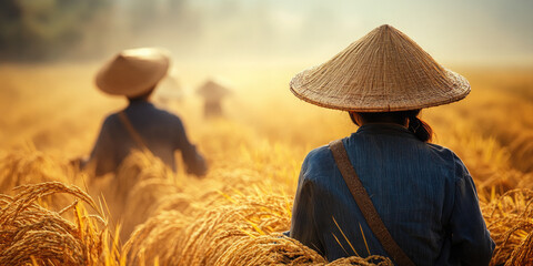 Wall Mural - Harvesting rice on rice plantations. Chinese women harvesting rice