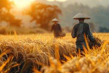 Wall Mural - Workers clear rice fields after harvest, preparing the land for the next planting season, focusing on sustainability and cyclical rice production.