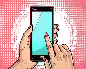 Wall Mural - Cartoon On Phone. Female Hands Holding Retro Style Mobile Smartphone in Pop Art Illustration