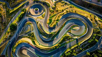 Overhead view of a complex racetrack layout, featuring intricate twists and turns that challenge drivers' skills and speed