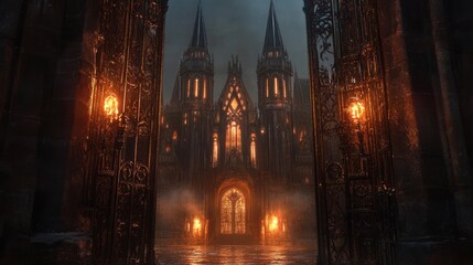 Poster - A grand, ancient iron door swings open to a majestic, enchanted castle with towering spires and glowing, mystical lights.