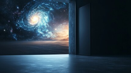 Poster - A sleek, black door opens to reveal a vast, starry expanse with swirling galaxies and distant planets.