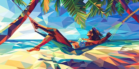 Wall Mural - Woman relaxing in a hammock under palm trees.