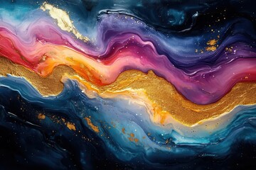 abstract painting with swirling gold and vibrant hues textured brushstrokes create depth and movement luxurious and futuristic aesthetic