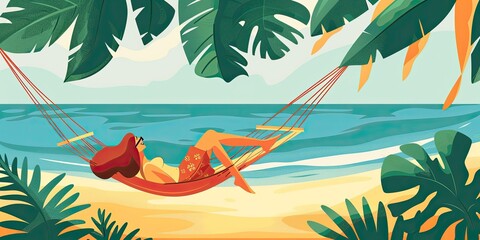 Wall Mural - Woman relaxing in hammock on beach.