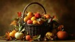 © Mark - Basket with decorated eggs, leaves, pumpkins, berries, and a beige background in an autumn-themed design.