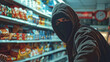 © lenblr - In a dimly lit store aisle, a thief in a mask and hoodie covertly steals snacks, instilling fear and prompting criminal activities in the shadows