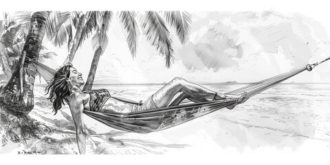 Wall Mural - Woman relaxing in hammock under palm trees.