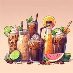 Wall Mural - Set of iced coffee and juice soft drinks.