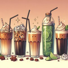 Wall Mural - Set of iced coffee and juice soft drinks.