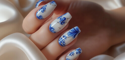 blue floral flower nail nails hand model 